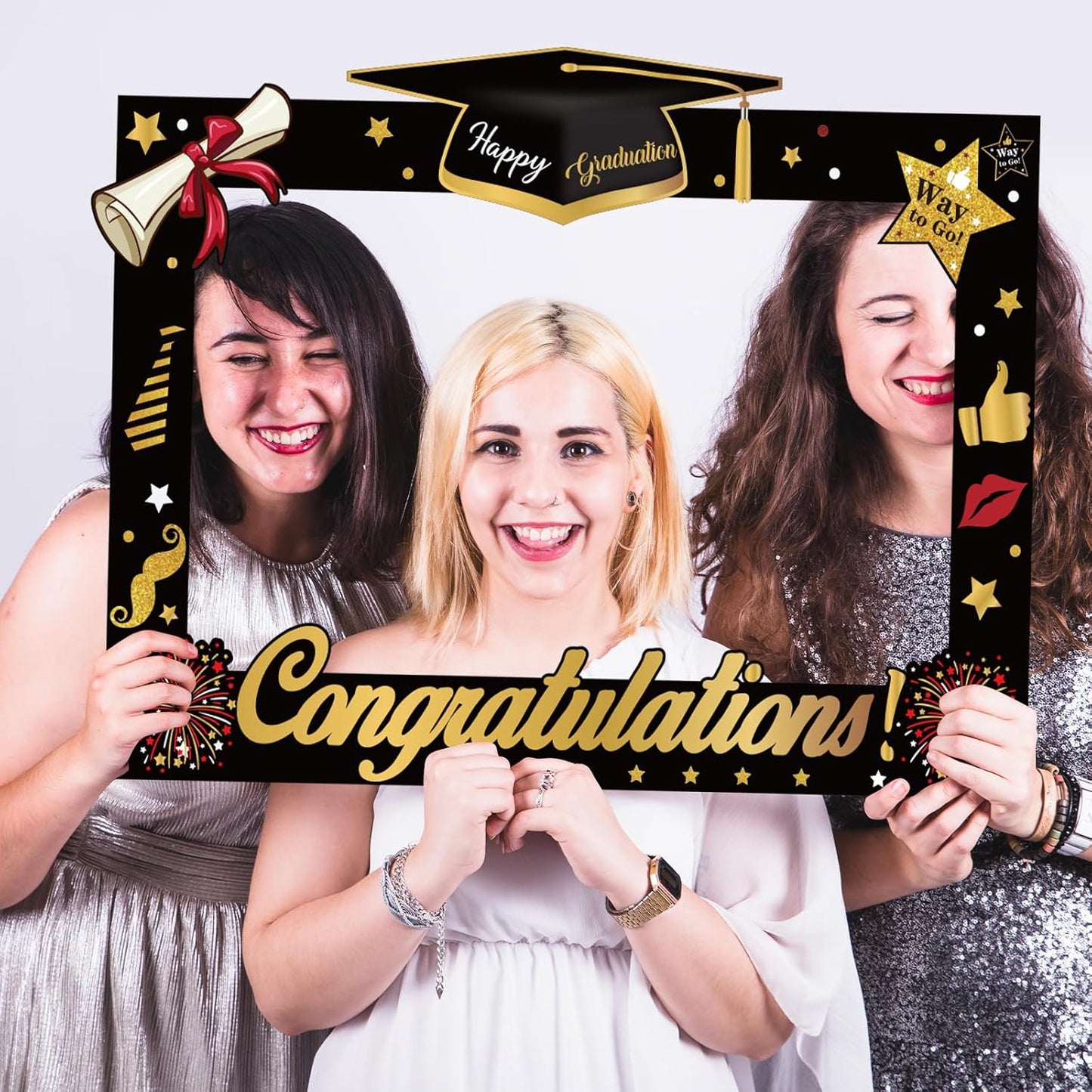 2026 Graduation Photo Booth Props, Black Gold Graduation Photo Prop Frame & Grad Photo Booth Props, Funny Grad Party Selfie Props, Selfie Photo Frame for High School and College Grad