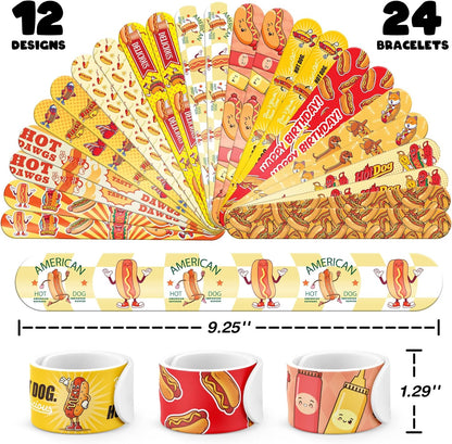 96 PCS Hot Dog Party Favors Set – 72 Pre-Cut Temporary Tattoos & 24 Slap Bracelets for Kids, Perfect for Food-Themed Birthday Parties, BBQ Celebrations & Classroom Rewards