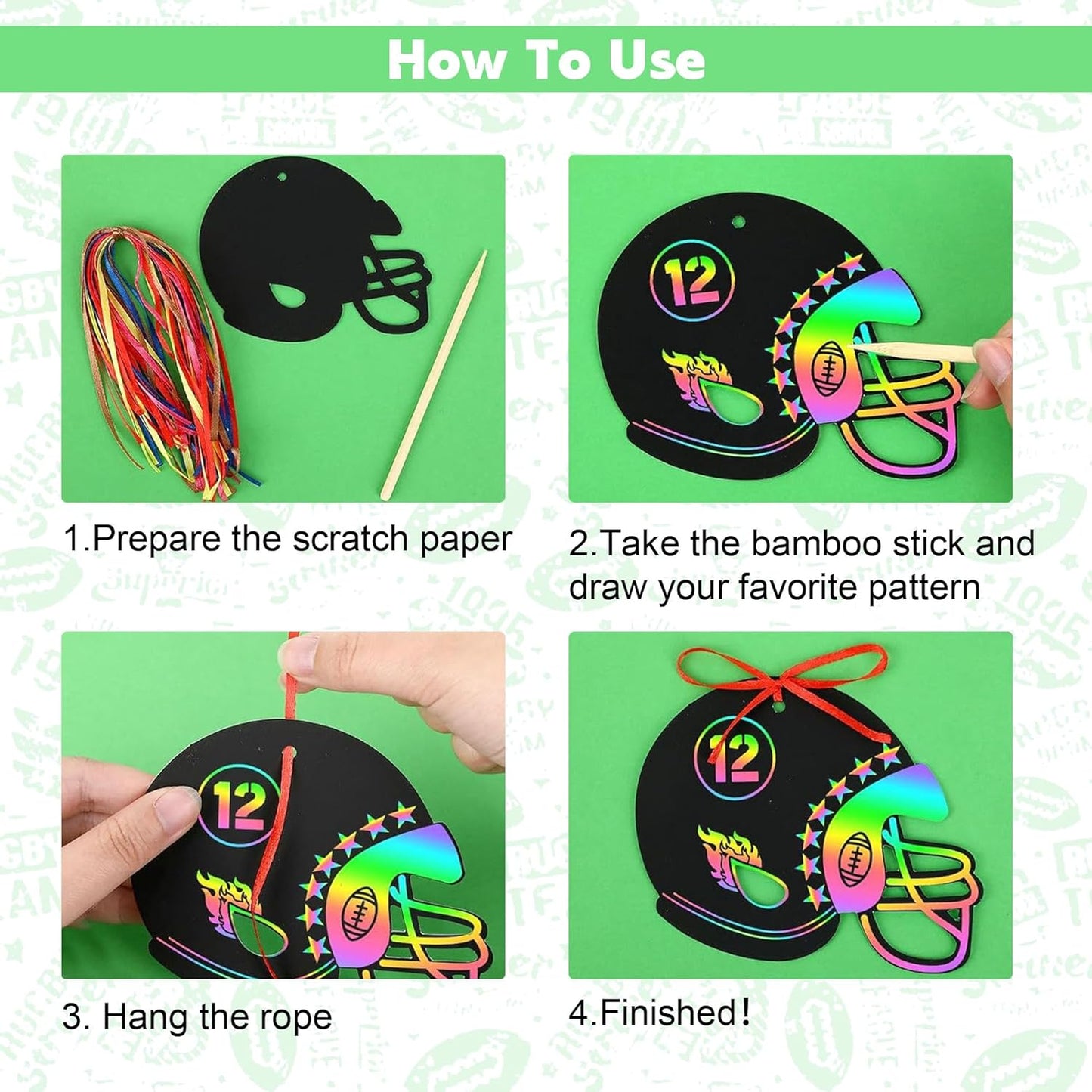 24Pcs Football Scratch Paper Craft Kits, Rainbow Scratch Paper Art, Football Helmet Scratch Off Cards for Sports Themed Birthday Party DIY Crafts Supplies