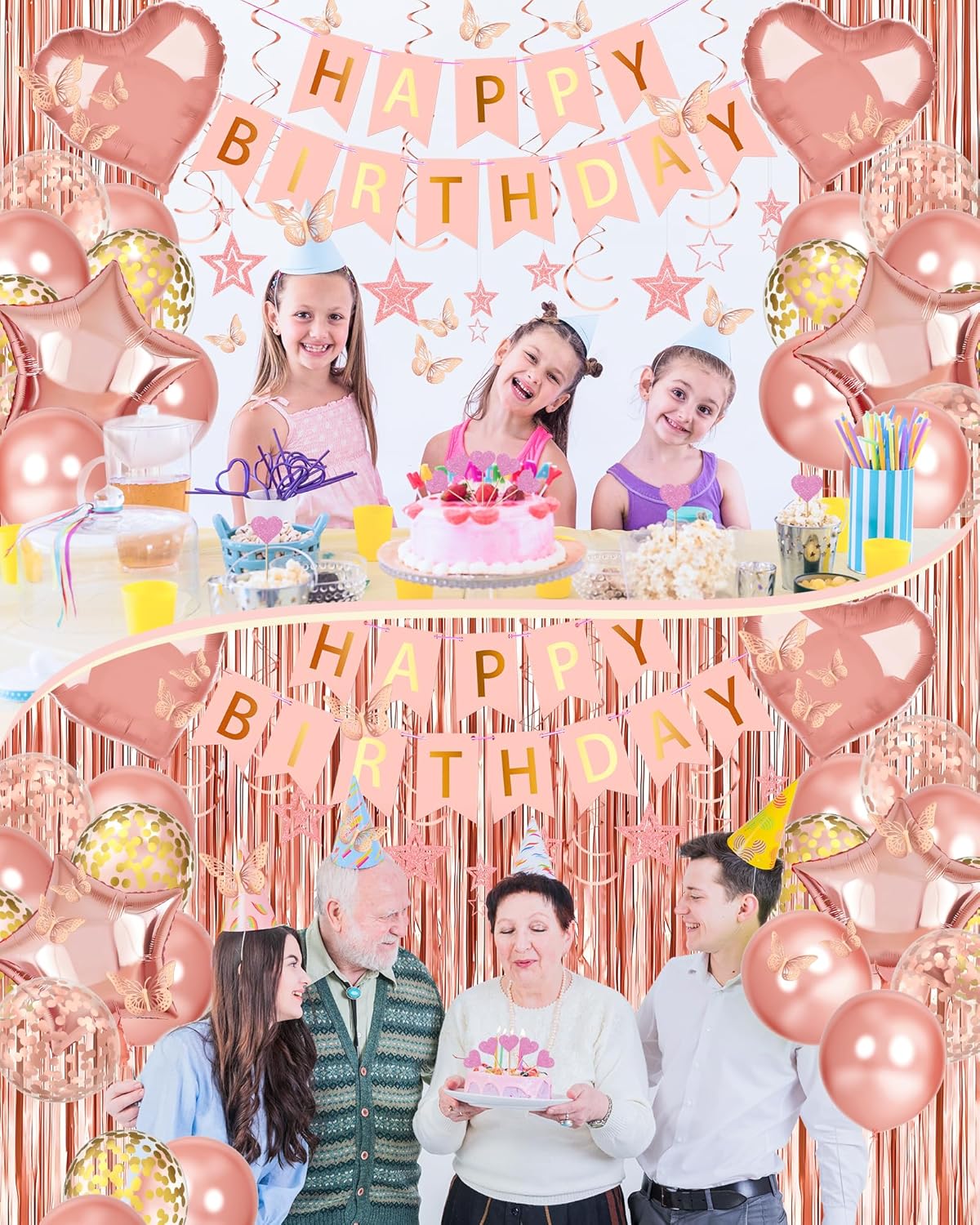 Lutoys Rose Gold Happy Birthday Party Decorations, Happy Birthday Banner, Rose Gold Foil Heart Star Confetti Balloons Curtain Backdrop Hanging Swirls Party Decor for Girls Women Princess