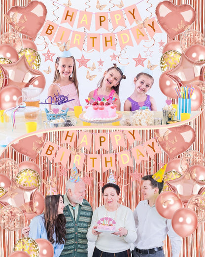 Lutoys Rose Gold Happy Birthday Party Decorations, Happy Birthday Banner, Rose Gold Foil Heart Star Confetti Balloons Curtain Backdrop Hanging Swirls Party Decor for Girls Women Princess