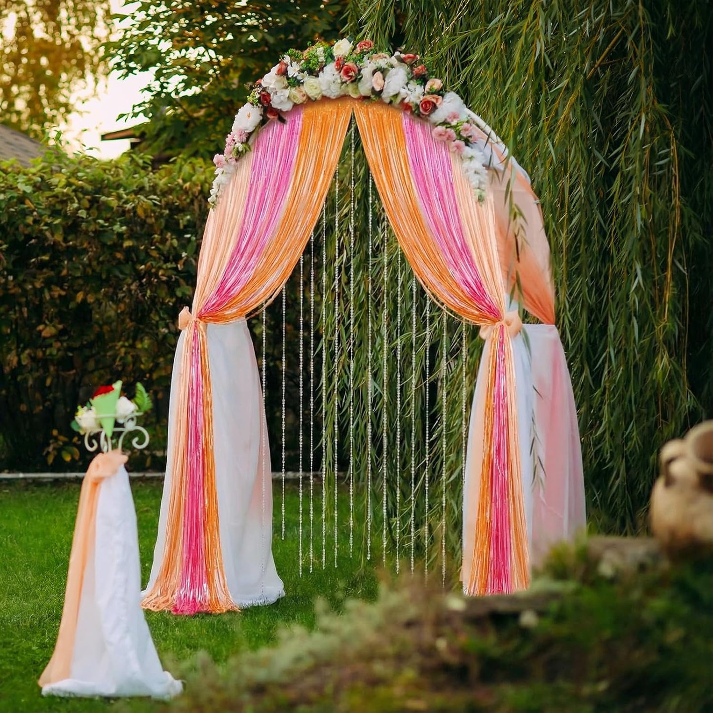Frienda 4Pcs Sunset Party Decorations 6.6Ft Fringe Curtains Party Decorations Pink and Orange Backdrop Curtains for Sunset Autumn Thanksgiving Bridal Wedding Graduation Backdrop Decor