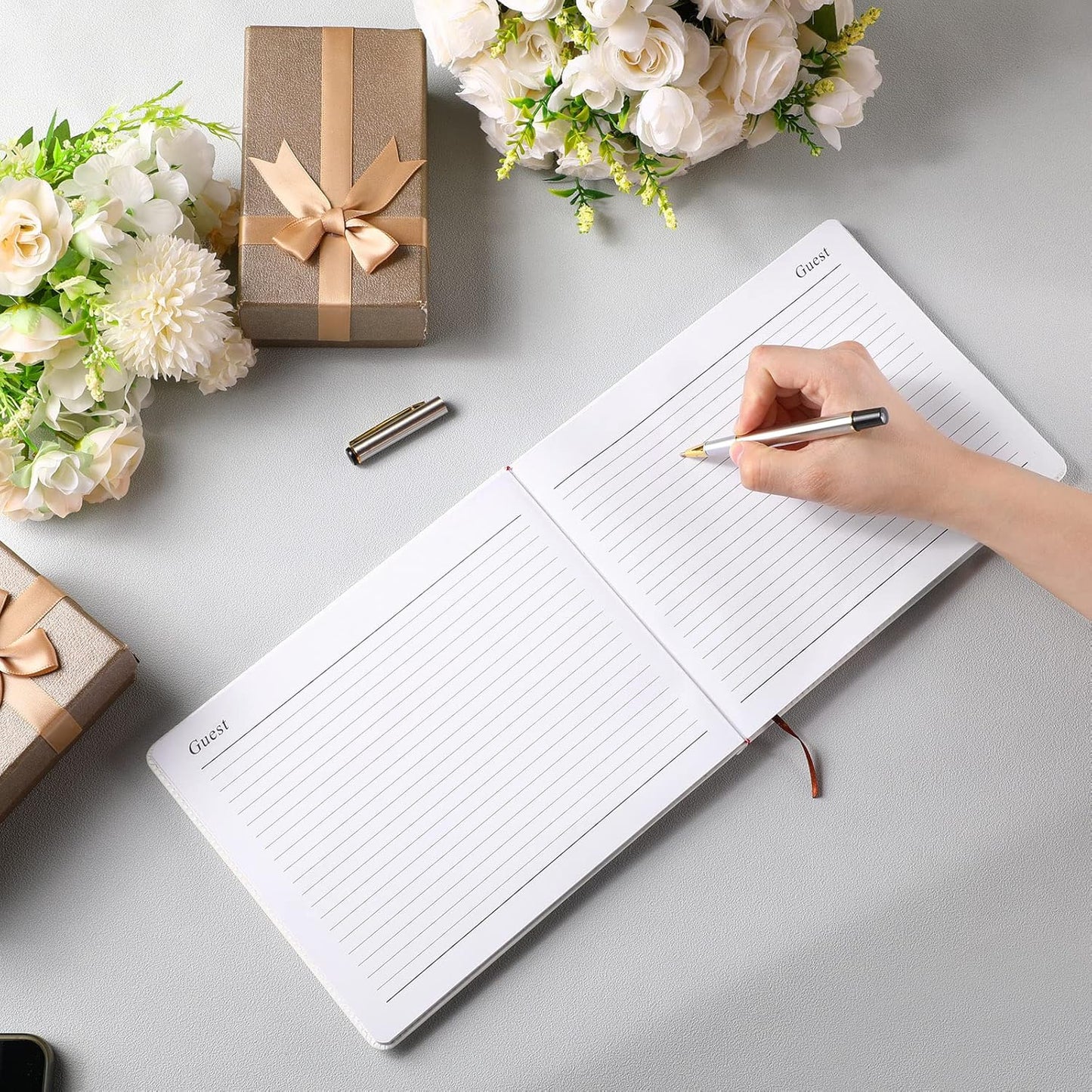 Panelee Wedding Guest Book with Pen Set Elegant Guest Sign in Books Bridal Shower Guestbook Beautiful Guest Book Wedding Reception Guestbook for Wedding (Flower, Blue)