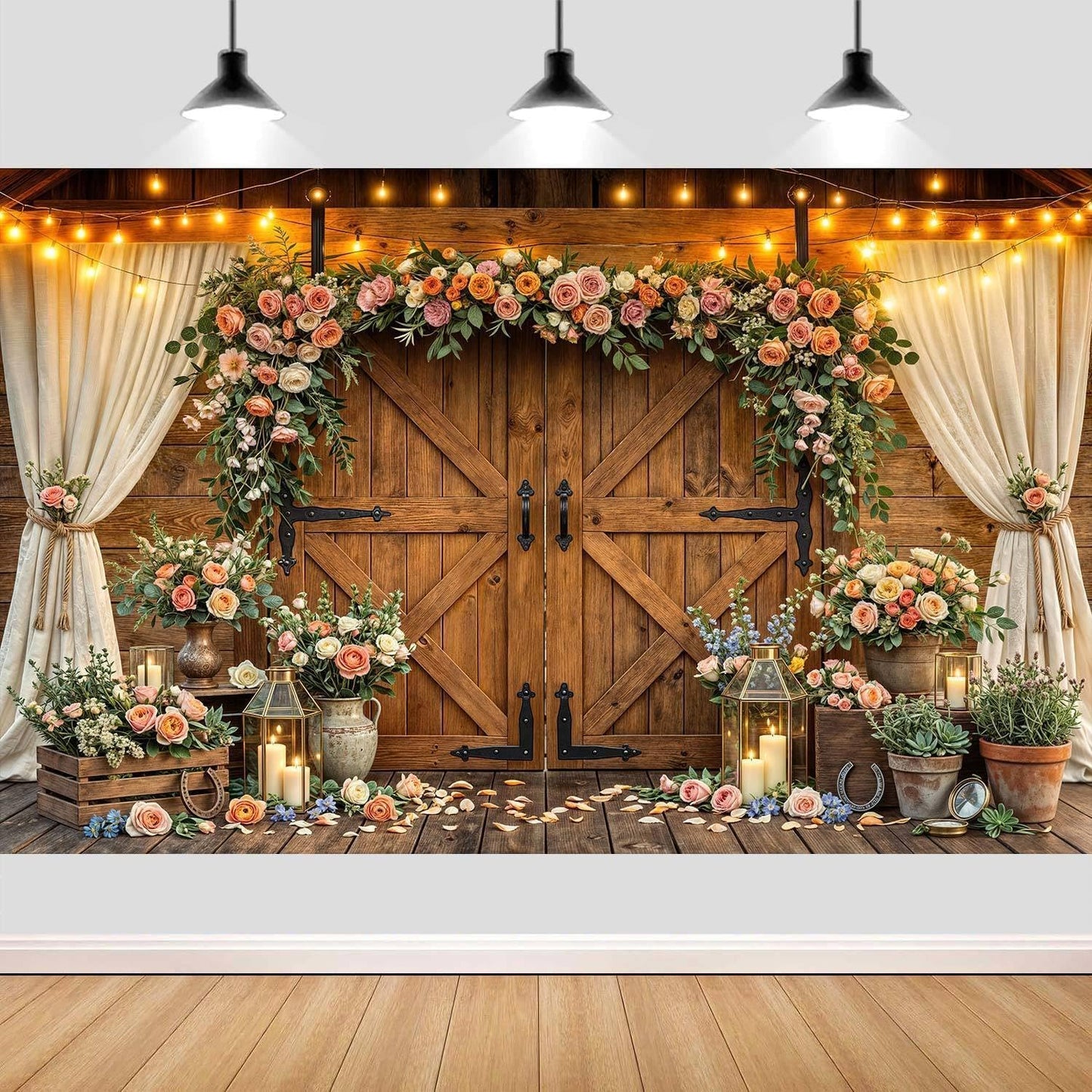 10x8ft Country Wedding Photography Backdrop Rustic Barn Door Photography Backdrop Farmhouse Pink Flower Cabin Wooden Birthday Baby Shower Wedding Bridal Party Banner Photo Booth Props Background