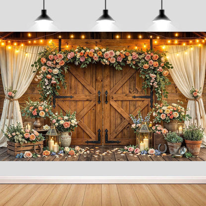 10x8ft Country Wedding Photography Backdrop Rustic Barn Door Photography Backdrop Farmhouse Pink Flower Cabin Wooden Birthday Baby Shower Wedding Bridal Party Banner Photo Booth Props Background