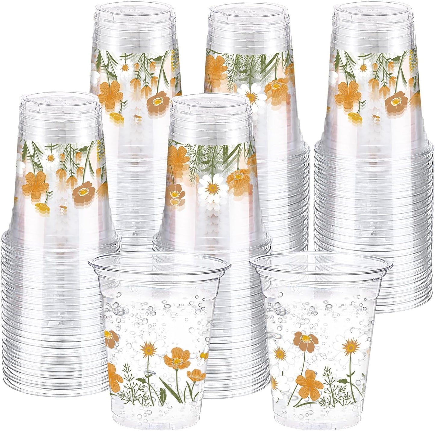 Hushee 60 Pcs Purple Floral Cups with Spring Summer Flower 16 oz Wildflowers Plastic Disposable Drinking Cups for Summer Spring Birthday Baby Shower Wedding Party Supplies