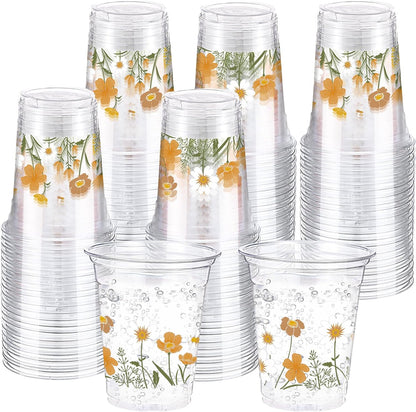 Hushee 60 Pcs Purple Floral Cups with Spring Summer Flower 16 oz Wildflowers Plastic Disposable Drinking Cups for Summer Spring Birthday Baby Shower Wedding Party Supplies