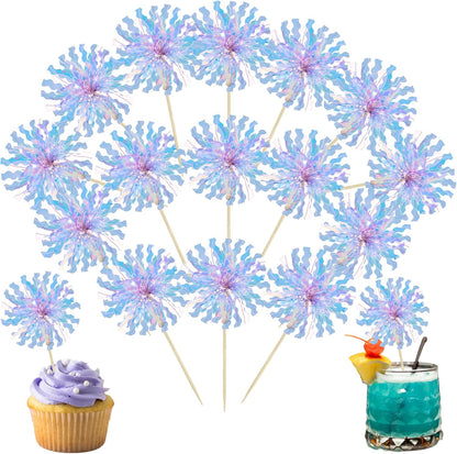 Ephlyn 30Pcs Foil Firework Cupcake Toppers Sparkle Tinsel Cupcake Picks Drink Stirrers Cocktail Food Fruit Toothpicks for Baby Shower Graduation Party Supplies White