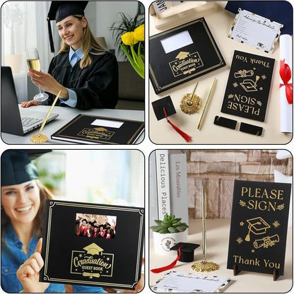 Kolldenn Graduation Guest Book Grad Party Guest Book with Signature Pen, Wood Table Sign, 50 Graduation Advice Cards Memory Party Supplies for College Gifts