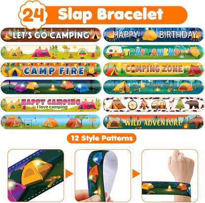 48 PCS Camping Party Favors 24PCS Tattoos Sticker 24PCS Slap Bracelets Wristbands Perfect for Camp Themed Birthday Baby Showers or Classroom Rewards Ideal Decor and Gifts for Girls Boys (Camping 2)