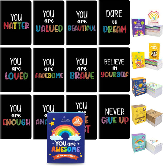 Decorably 24 Pack Rainbow Themed Mini Notebooks Party Favors for Kids 8-12 - 3.5x5in with 12 Adorable Designs, Stitch-Bound with 20 Sheets - Gifts for Birthday, Baby Shower, and School Events