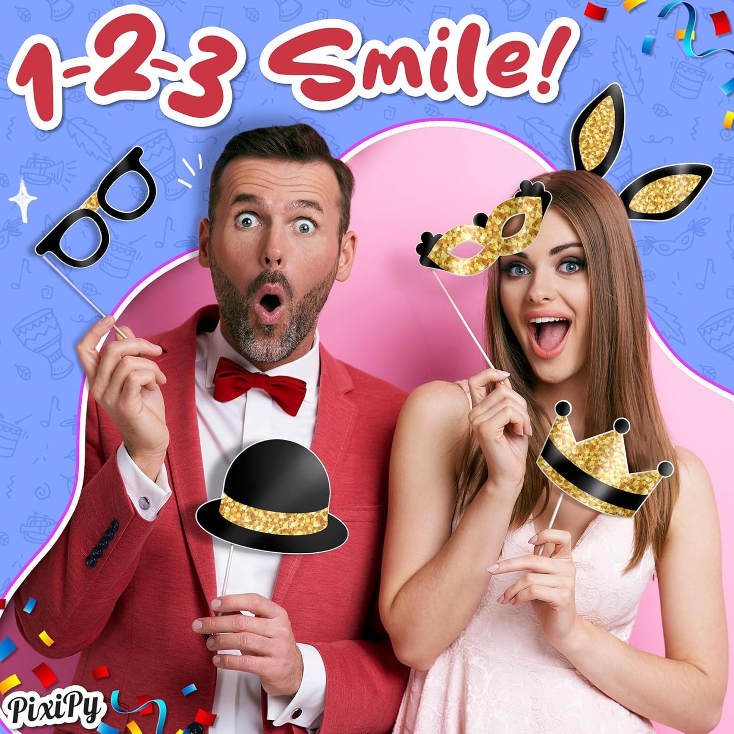 Premium Birthday Photo Booth Props Kit, 16 Black & Gold (No Glitter), Durable & Easy-to-Use Photobooth Props Signs for Memorable Photos & Unforgettable Celebrations by PixiPy
