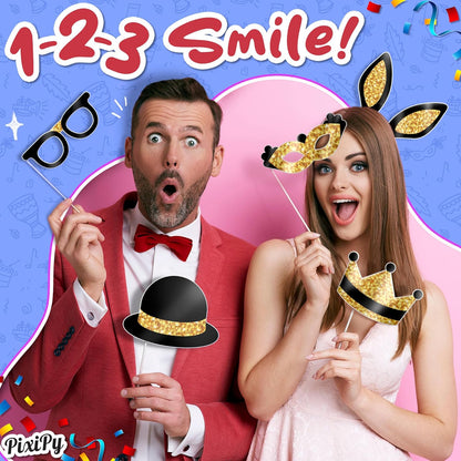 Premium Birthday Photo Booth Props Kit, 16 Black & Gold (No Glitter), Durable & Easy-to-Use Photobooth Props Signs for Memorable Photos & Unforgettable Celebrations by PixiPy
