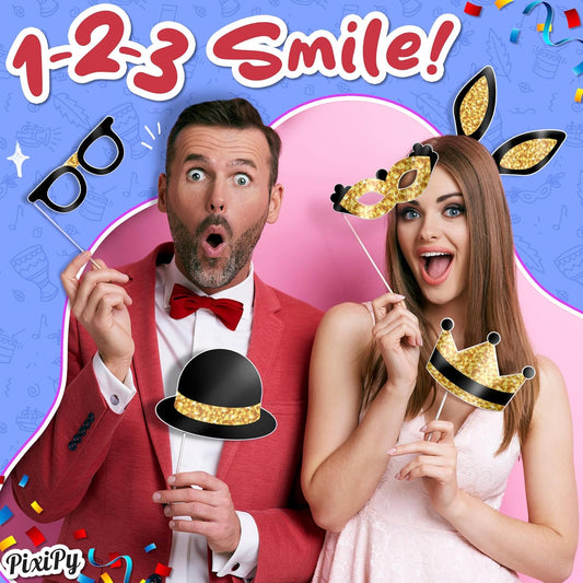 Premium Birthday Photo Booth Props Kit, 16 Black & Gold (No Glitter), Durable & Easy-to-Use Photobooth Props Signs for Memorable Photos & Unforgettable Celebrations by PixiPy