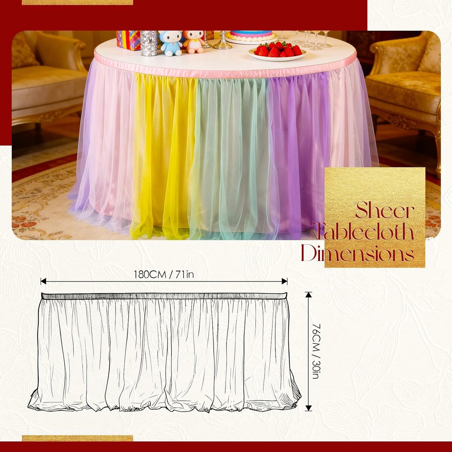 THARAHT Tulle Table Skirt 6FT 180CM Long for Rectangle Tables Round Tables Ruffle Desk Skirt for Princess Girls Birthday Party Cake Dessert Decorations Table Skirt