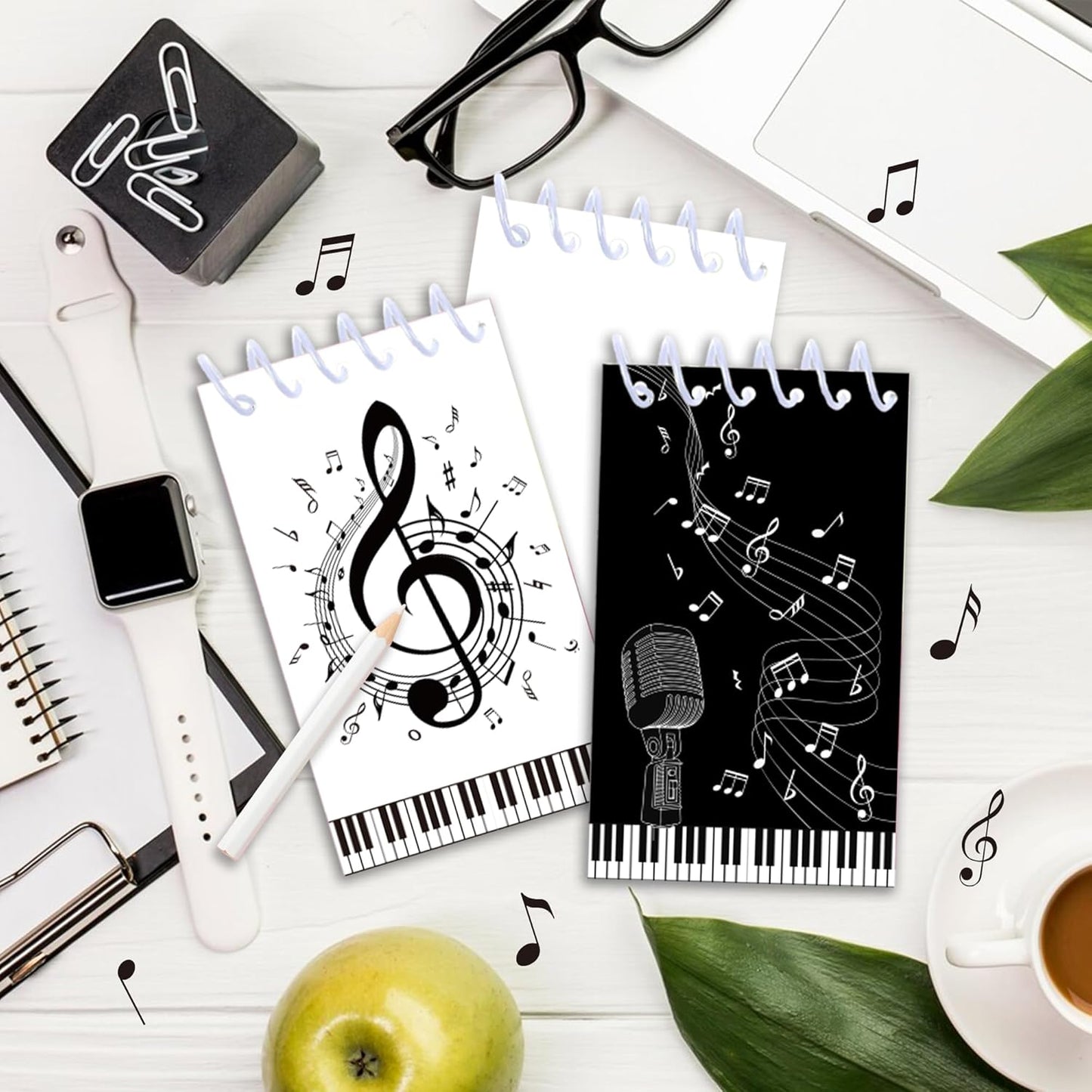 24 Pack Musical Notes Mini Spiral Notebook, Black and White Piano Pocket Notebook for Classroom Students Rewards, 16 Pages Portable Office Meeting Supplies
