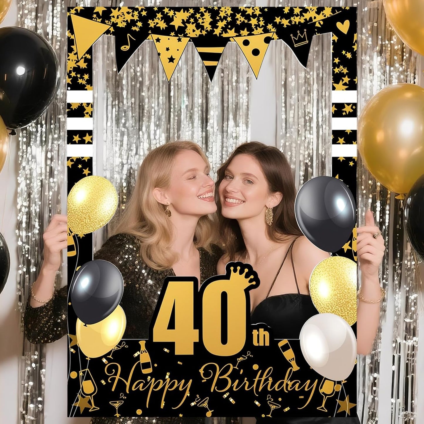 Gift for Mom Friend Wife 40 Years Celebration-40th Birthday Party Photo Frame Props, Black Gold Glitter Paper Selfie Booth Prop for Women Men, Elegant Picture Frames Backdrop Cardboard Decoration