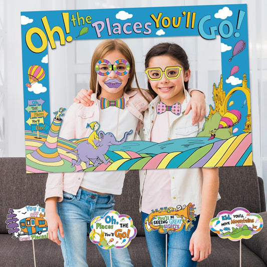 Oh The Places You'll Go Decorations, DIY Large Photo Frame and 30Pcs Selfie Photo Props Kit Dr Seu Birthday Decorations Graduation Photo Booth Props for Kindergarten Graduations Classroom Decor