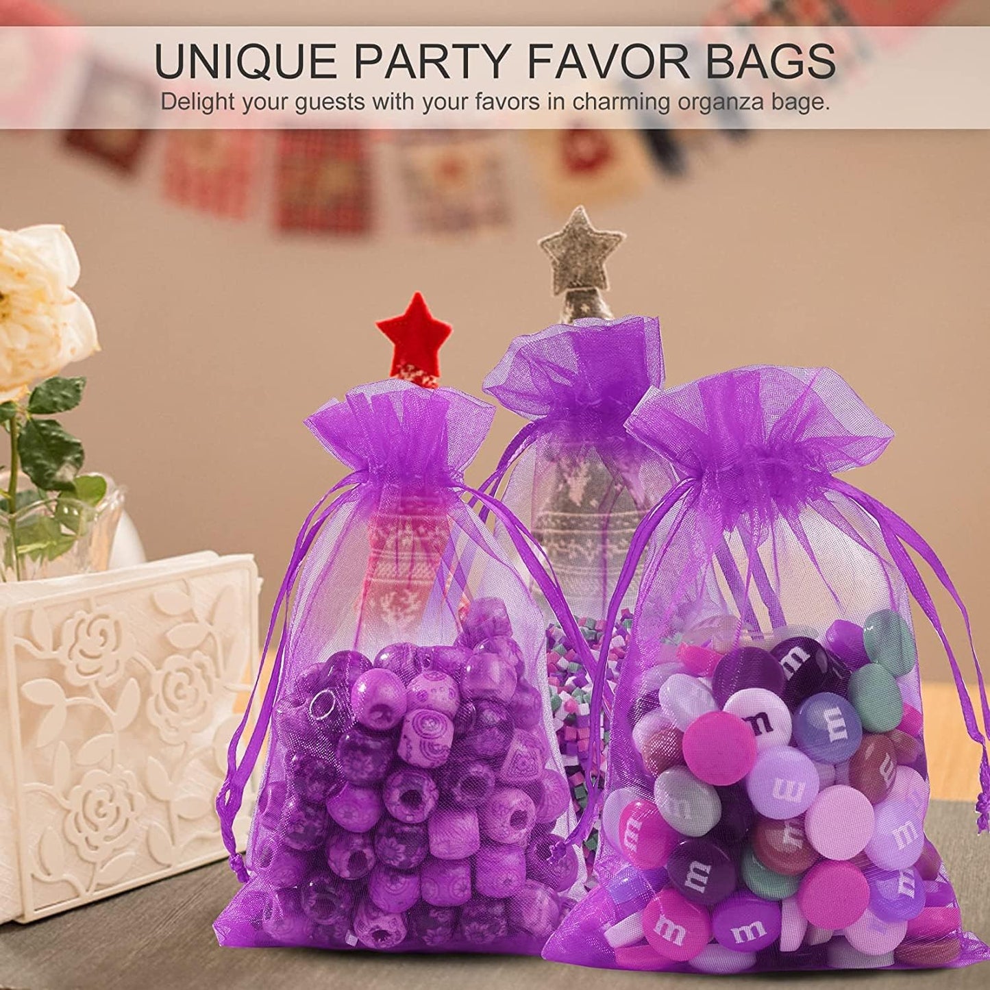 ANZNKU 50 Pack Organza Bags 5 x 7 in White Small Mesh Gift Bags Bulk Drawstring for Wedding Party Favors, Little Goodie Bag for Candy Jewelry Soap Makeup, Treat Sachet Pouch for Mothers Gifts Wrap