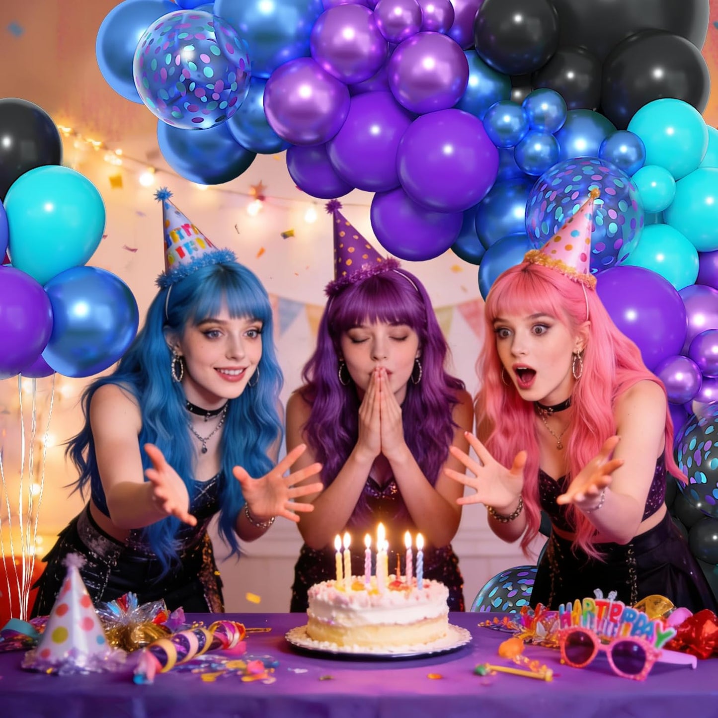 Amandir 153pcs Purple Blue Pink Balloon Garland Arch Kit, Different Sizes 18 12 10 5 inch Teal Yellow Latex Metallic Confetti Balloons for Magic Birthday Engagement Party Decoration
