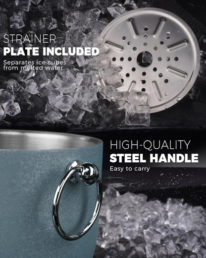 POLIVIAR Ice Bucket, 2.5L Double Wall Ice Bucket with Lid, Stainless Steel Ice Bucket with Tong & Strainer, Ice Bucket for Cocktail Bar, Home & Parties, JX2023-IBLU