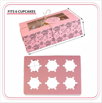 20-Pack Brown Cupcake Boxes with Insert Trays, Tags and Twine | Food Grade Kraft Bakery Boxes with Window to Fit 6 Cupcakes