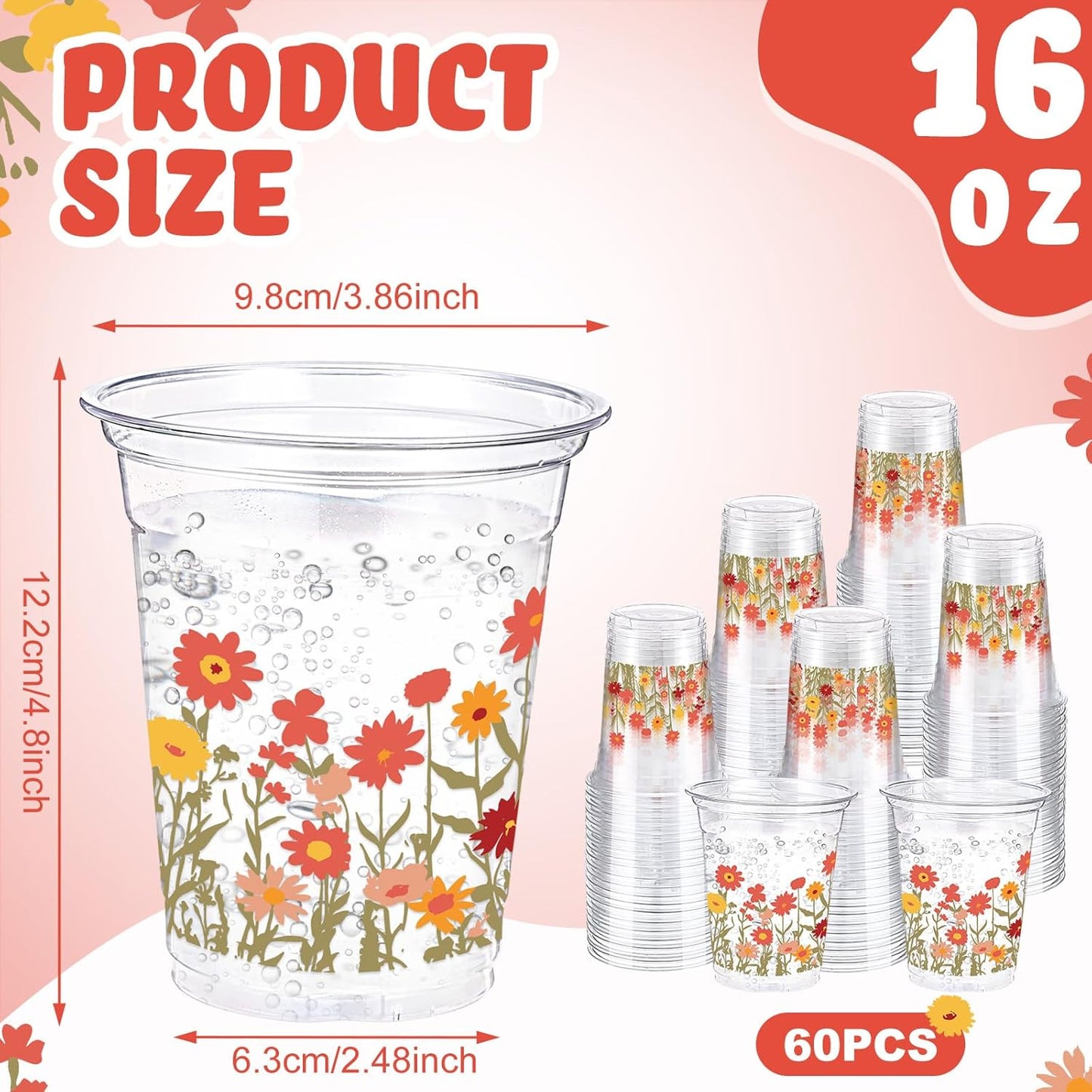 Hushee 60 Pcs Purple Floral Cups with Spring Summer Flower 16 oz Wildflowers Plastic Disposable Drinking Cups for Summer Spring Birthday Baby Shower Wedding Party Supplies