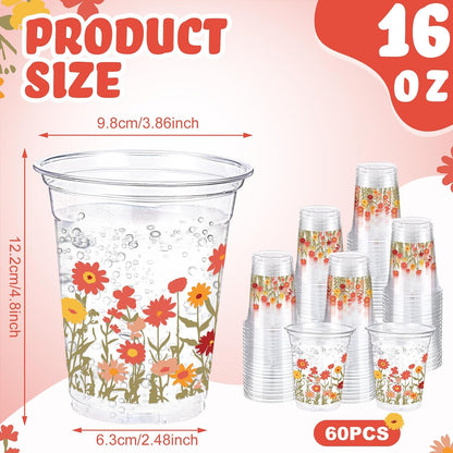 Hushee 60 Pcs Purple Floral Cups with Spring Summer Flower 16 oz Wildflowers Plastic Disposable Drinking Cups for Summer Spring Birthday Baby Shower Wedding Party Supplies