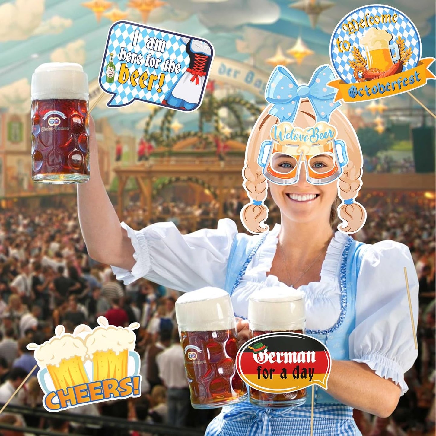 HOWAF 30pcs Oktoberfest Party Photo Booth Props with Inflatable Photo Booth Frame, German Beer Festival Photo Pops Kit for Oktoberfest Party Supplies