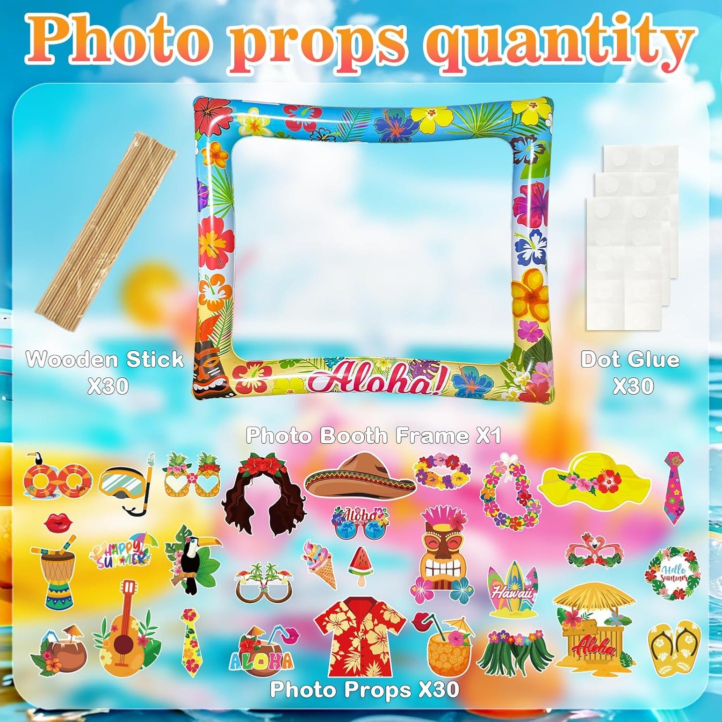 Hawaiian Photo Booth Props & Inflatable Frame, 30Pcs Luau Photobooth Props with Large Inflatable Inflatable Selfie Picture Frame for Summer Tropical Aloha Luau Party Selfie Supplies