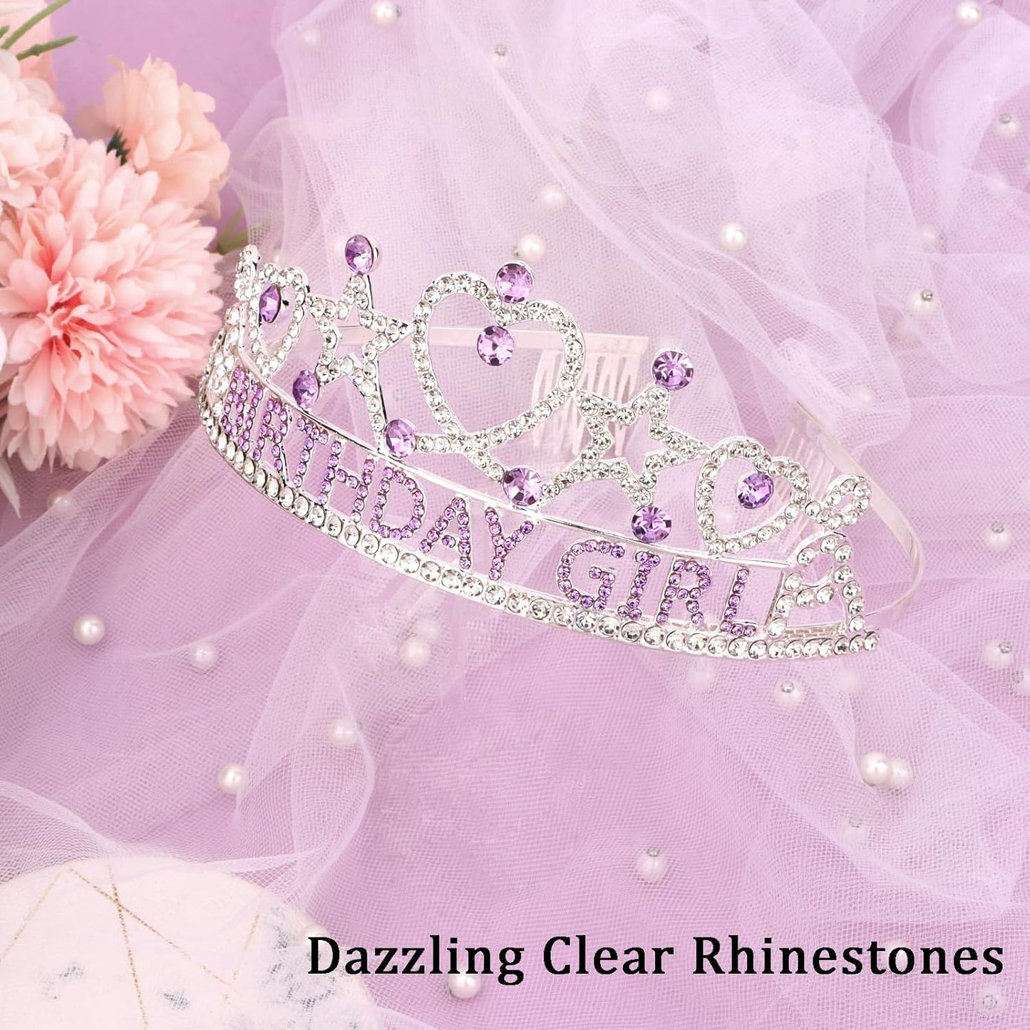 CIEHER Birthday Girl Crown and Sash Set for Birthday Decorations Gifts for Women Girls - Silver AB Rhinestones