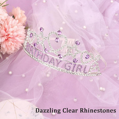 CIEHER Birthday Girl Crown and Sash Set for Birthday Decorations Gifts for Women Girls - Silver AB Rhinestones