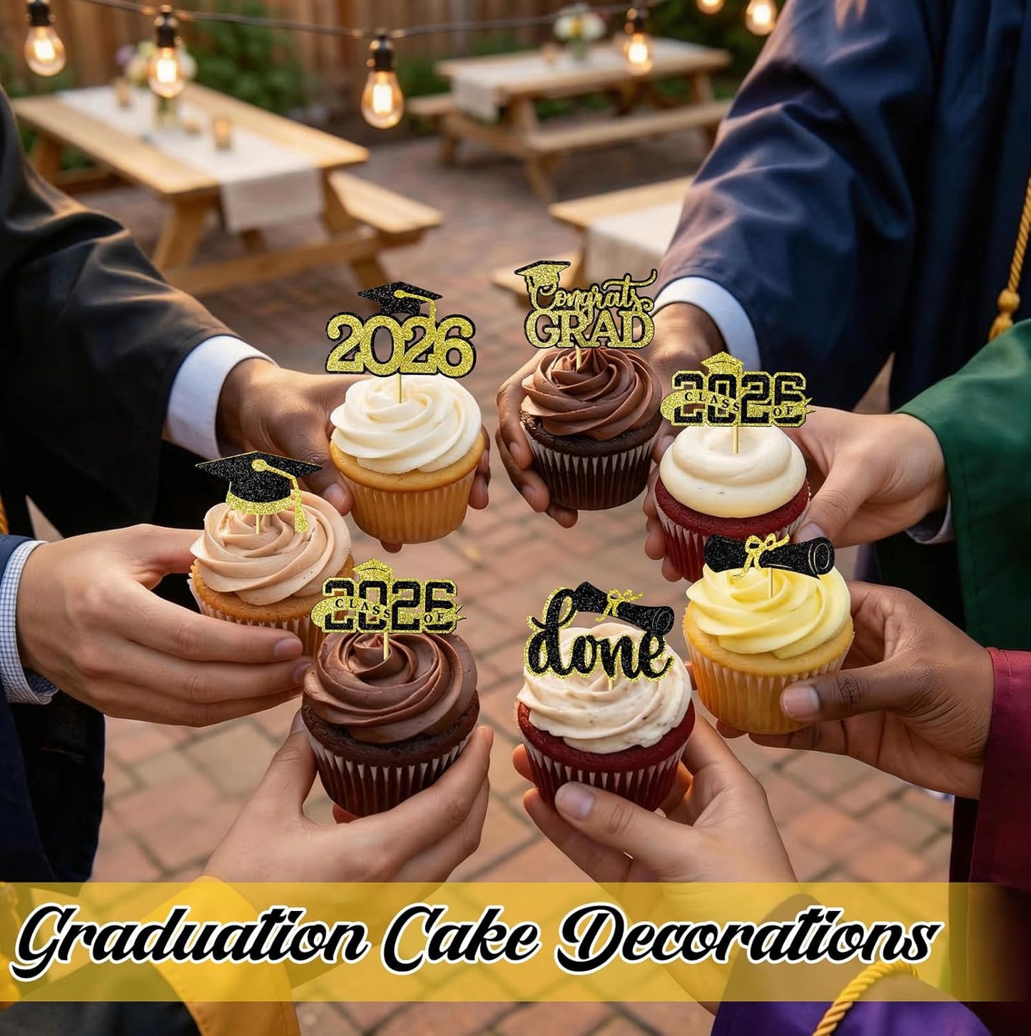 Graduation Decorations 2026 Cupcake Toppers, 36 Pcs Black & Gold Glitter Cap & Diploma Class of 2026 Cake Topper, Cake Picks & Toppers for Congrats Grad Party Decor Supplies