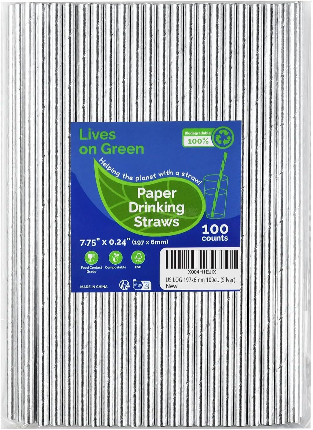 Disposable Paper Straws Solid Green - 7.75'' x 0.24'', 100 Counts - for Drinking, Beverage, Juice, Soda, Bar Supplies
