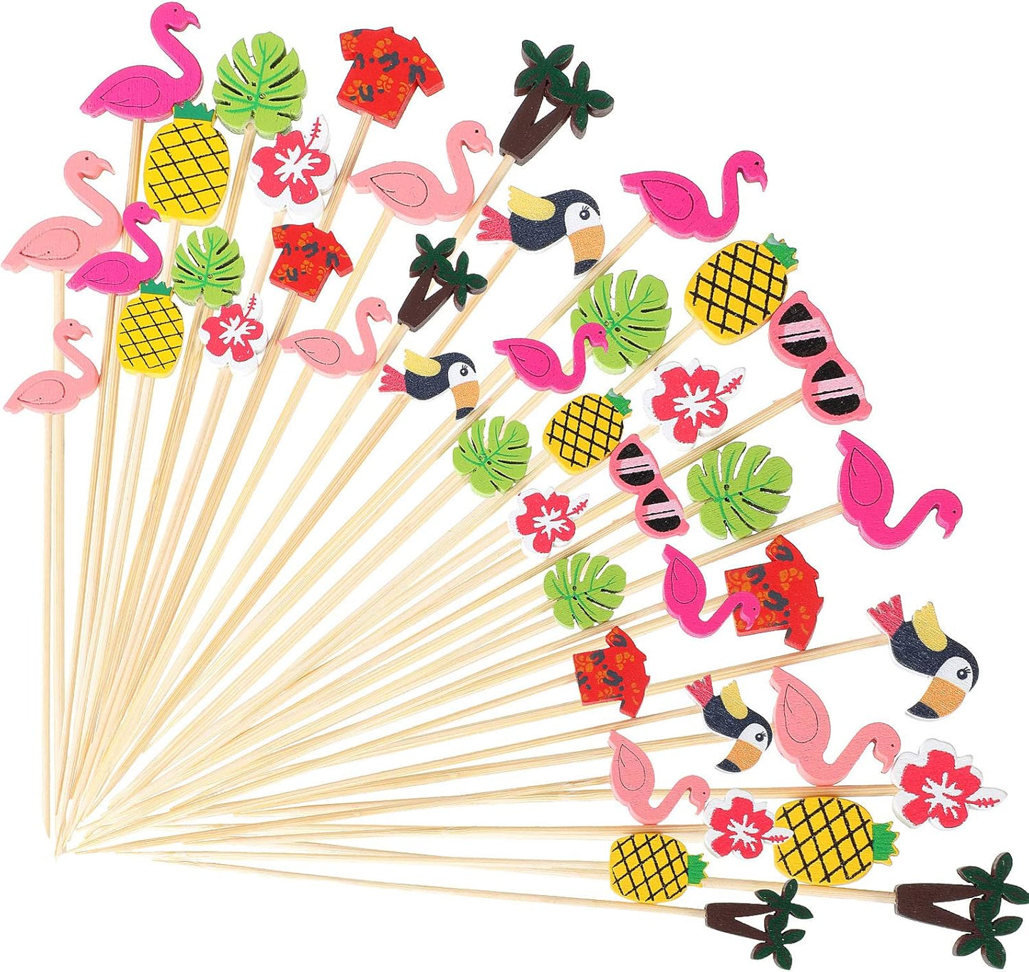 Hawaiian Luau Assorted Picks Tropical Cocktail Bamboo Toothpicks Flamingo Pineapple Beach Toucan Palm Leaf Handmade for Appetizers Food Drinks Luau Hawaii Beach Holiday Party Supplies (200 Pieces)