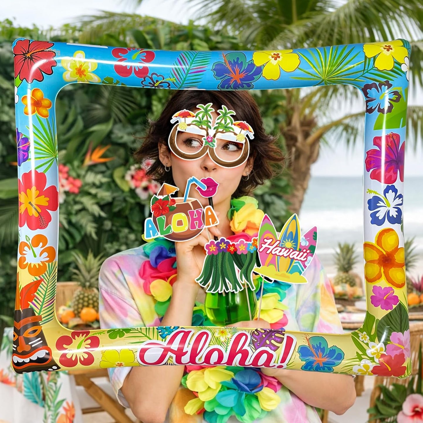 Hawaiian Photo Booth Props & Inflatable Frame, 30Pcs Luau Photobooth Props with Large Inflatable Inflatable Selfie Picture Frame for Summer Tropical Aloha Luau Party Selfie Supplies