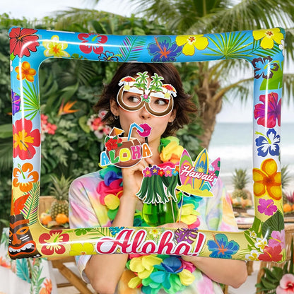 Hawaiian Photo Booth Props & Inflatable Frame, 30Pcs Luau Photobooth Props with Large Inflatable Inflatable Selfie Picture Frame for Summer Tropical Aloha Luau Party Selfie Supplies