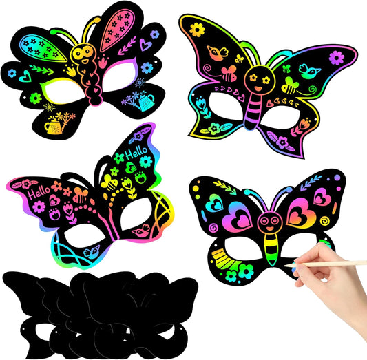 HubirdSall 24Pcs Spring Butterfly Scratch Masks for Kids DIY Butterfly Scratch Craft Kit Dress-up Costume Decorate for Girls Birthday Party Favors School Classroom Activity Art Project