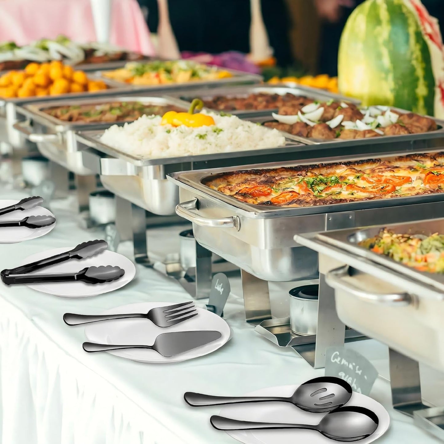 Serving Utensils, XEVOM 6-Piece Stainless Steel Serving Utensil Set Include Serving Spoon, Slotted Serving Spoon, Serving Fork,Serving Tong, Appetizers Tong,Pie Server (Silver), Regular