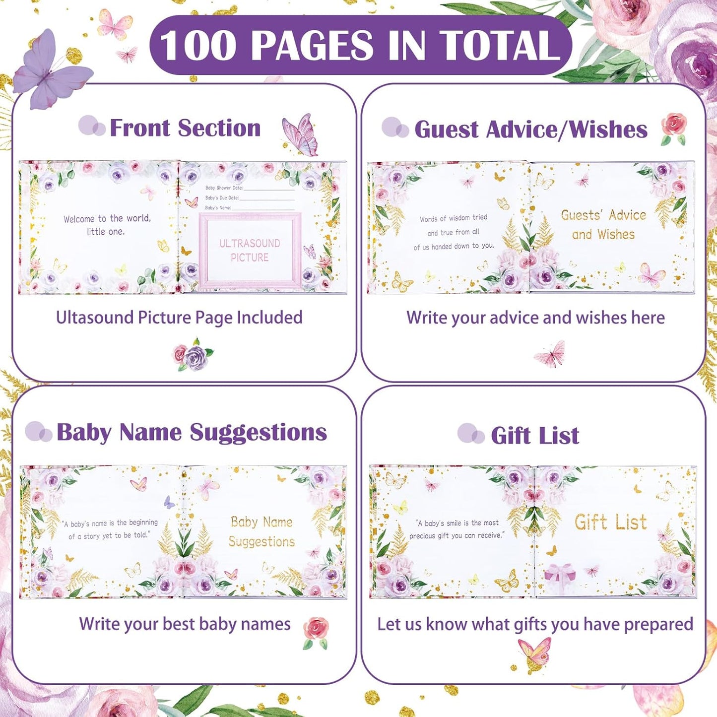Fuyoooo 27 Pcs Safari Animal Baby Shower Guest Book Set Baby Shower Sign in Guest Floral Book Place Table Cards with Gold Pen Adhesive Photo Corner for Birthday Party