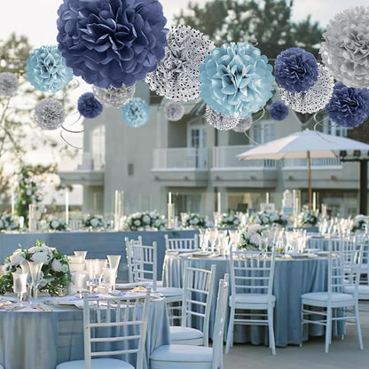 Tissue Paper Pom Poms - 23 PCS Dusty Blue Paper Flowers Pom Pom Kit Circle Dot Party Banner Hanging Swirl Party Decorations for Wedding Birthday Baby Shower Bridal Shower Tea Party