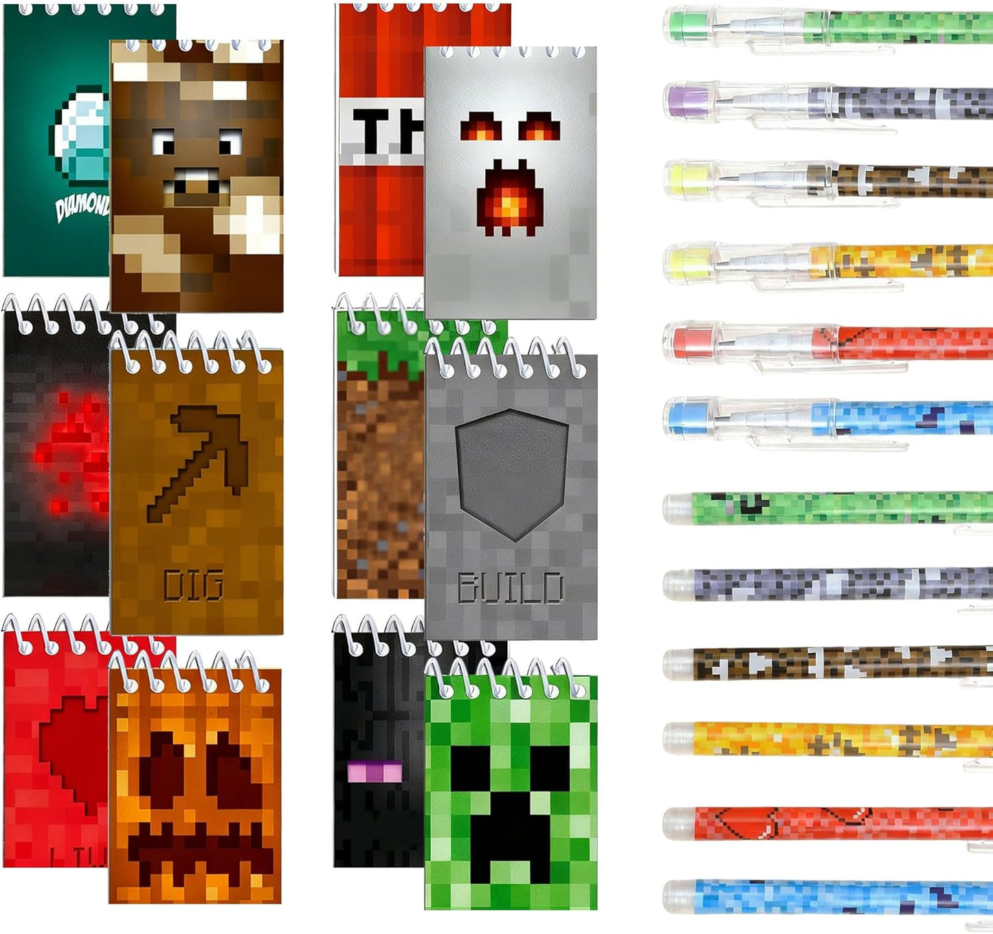 48-Piece Pixel-Style Party Gift Set – 24 Mini Spiral Notebooks and 24 Patterned Pencils, Perfect for Birthday Gift Bags, Class Rewards, School Gifts (48 pieces)