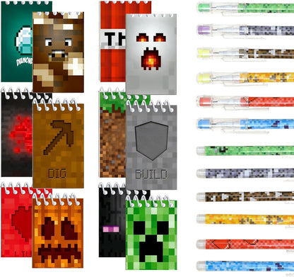 48-Piece Pixel-Style Party Gift Set – 24 Mini Spiral Notebooks and 24 Patterned Pencils, Perfect for Birthday Gift Bags, Class Rewards, School Gifts (48 pieces)
