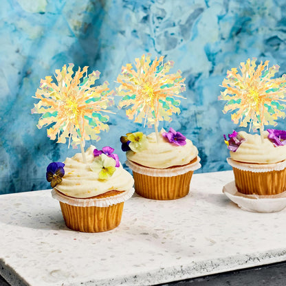 Ephlyn 30Pcs Foil Firework Cupcake Toppers Sparkle Tinsel Cupcake Picks Drink Stirrers Cocktail Food Fruit Toothpicks for Baby Shower Graduation Party Supplies White