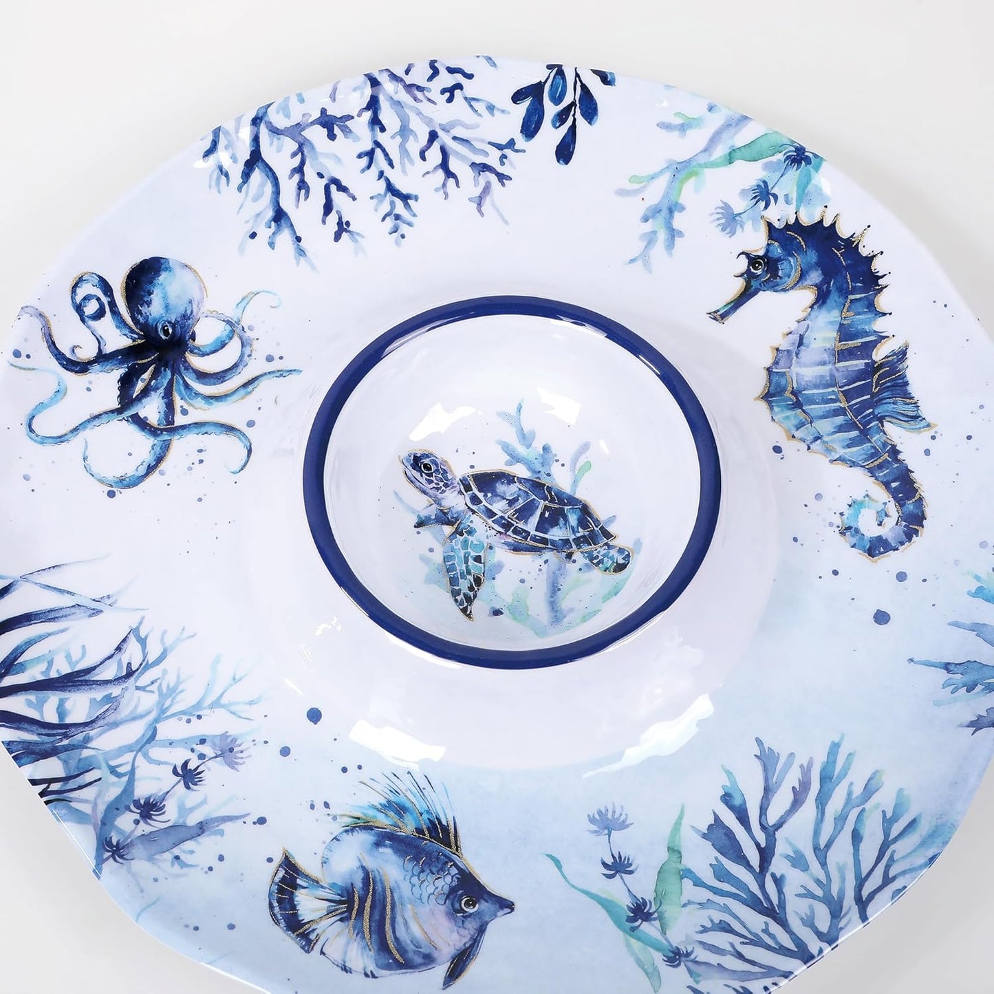 UPware Sea Life Melamine Chip and Dip Serving Tray, Round Serving Platter for Chips, Salsa, Fruit, and Snacks, Multicolor, 13.5 Inch