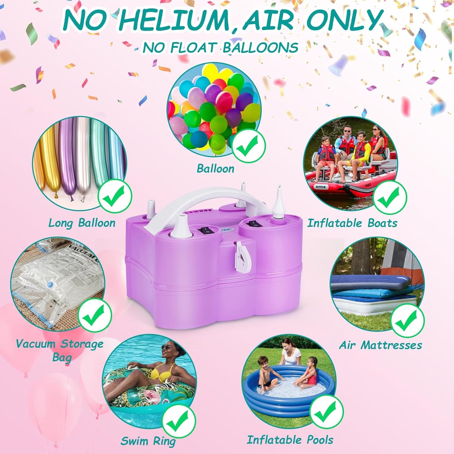 AGPTEK Electric Air Balloon Pump, 110V 600W Rose Red Portable Dual Nozzle Inflator/Blower for Party Decoration