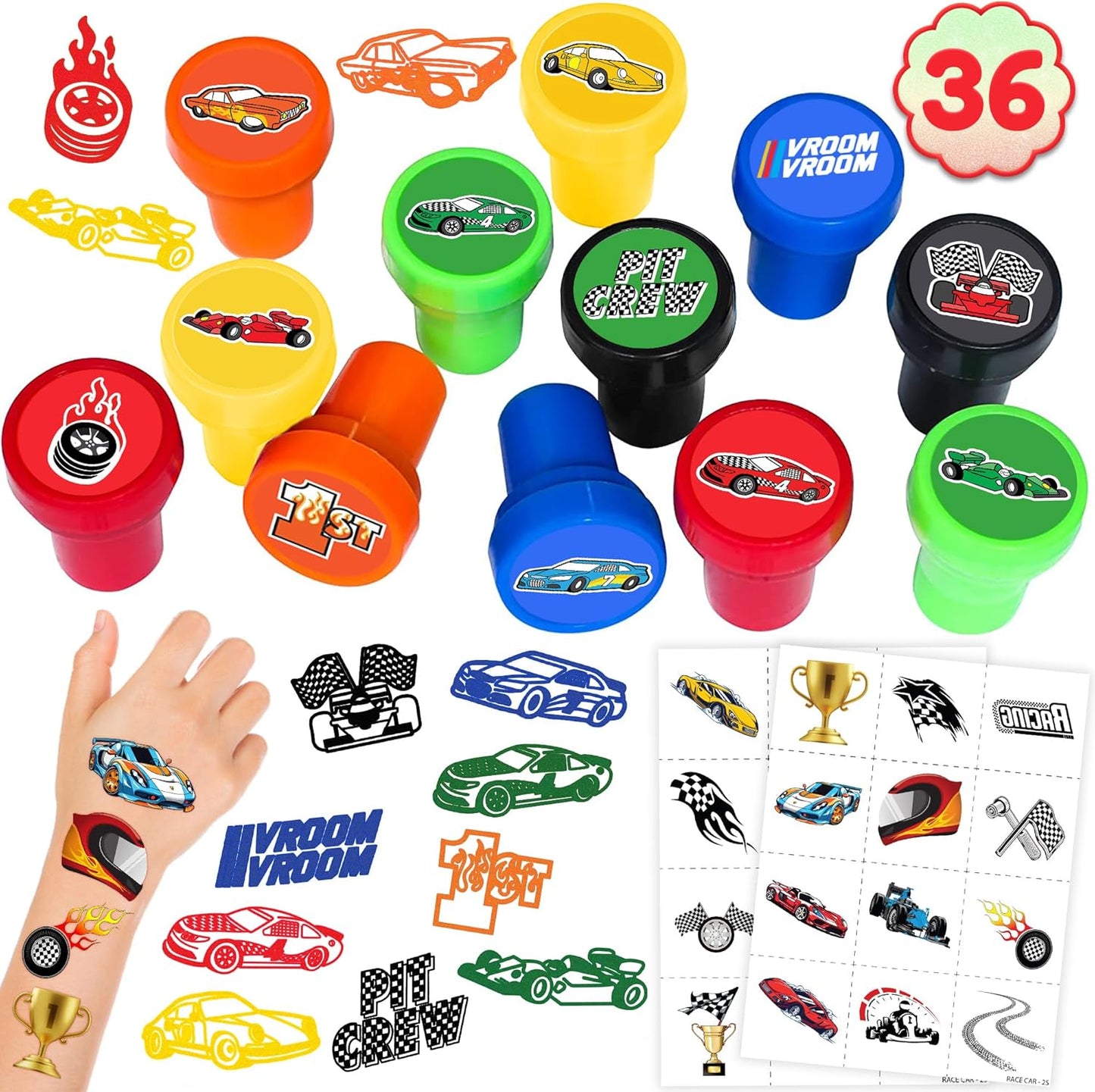 36PCS Race Car Party Favors for Kids - 24 Temporary Tattoos & 12 Stamps - Checkered Flag Themed Birthday Decorations, Goodie Bag Stuffers & Classroom Rewards for Boys