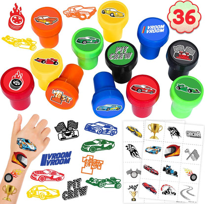 36PCS Race Car Party Favors for Kids - 24 Temporary Tattoos & 12 Stamps - Checkered Flag Themed Birthday Decorations, Goodie Bag Stuffers & Classroom Rewards for Boys