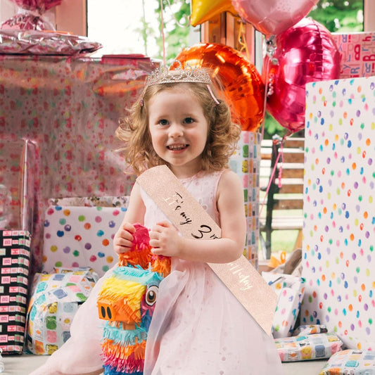 CIEHER 3th Birthday Party Supplies: Crown, Sash, Pearl Pin Set - Decorations for Little Girls' Special Day - Colors B
