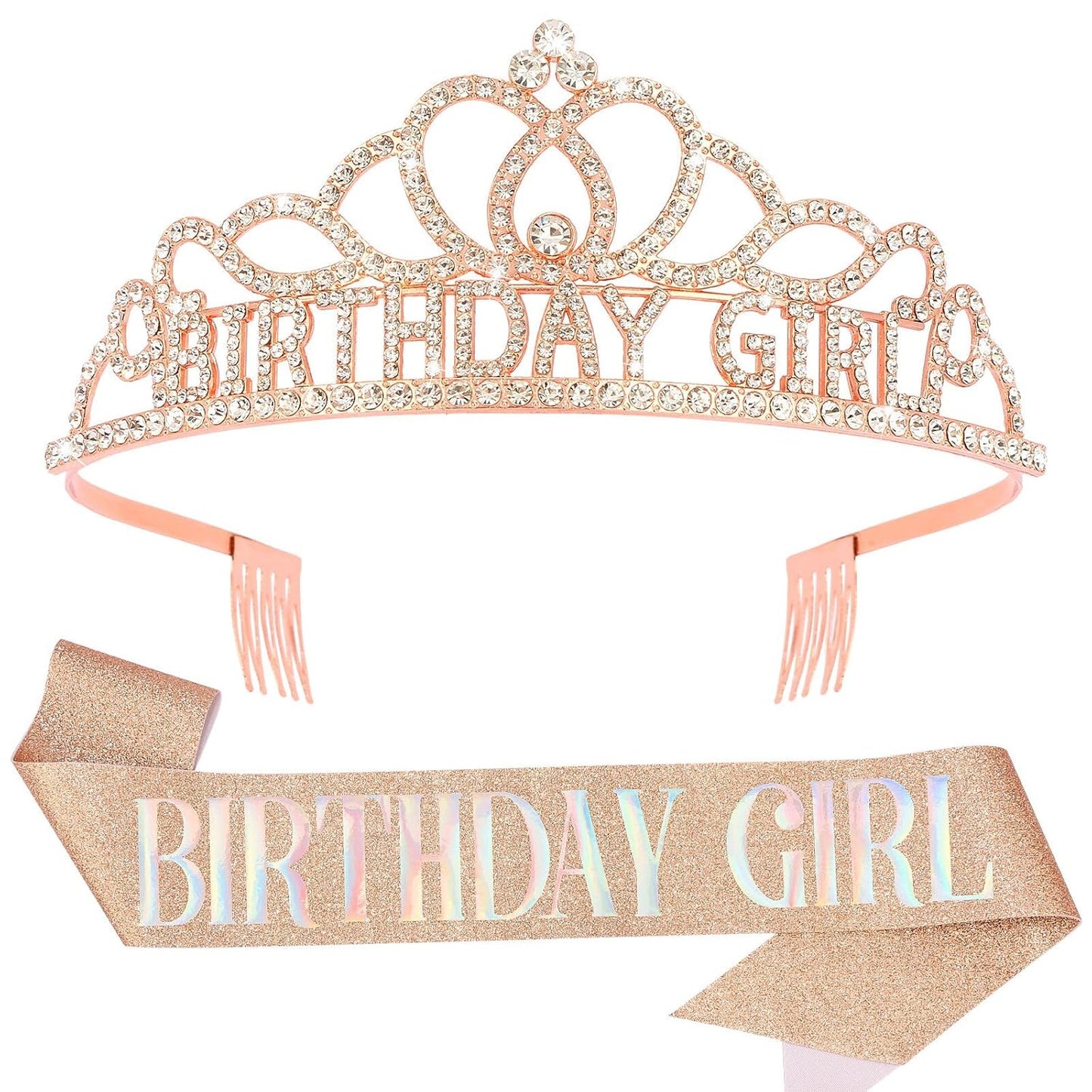 Chanaco Happy Birthday Crown and Sash Kit for Women and Girls - Rhinestone Tiara and Sashes with 'BIRTHDAY GIRL' Sash for Party Favors